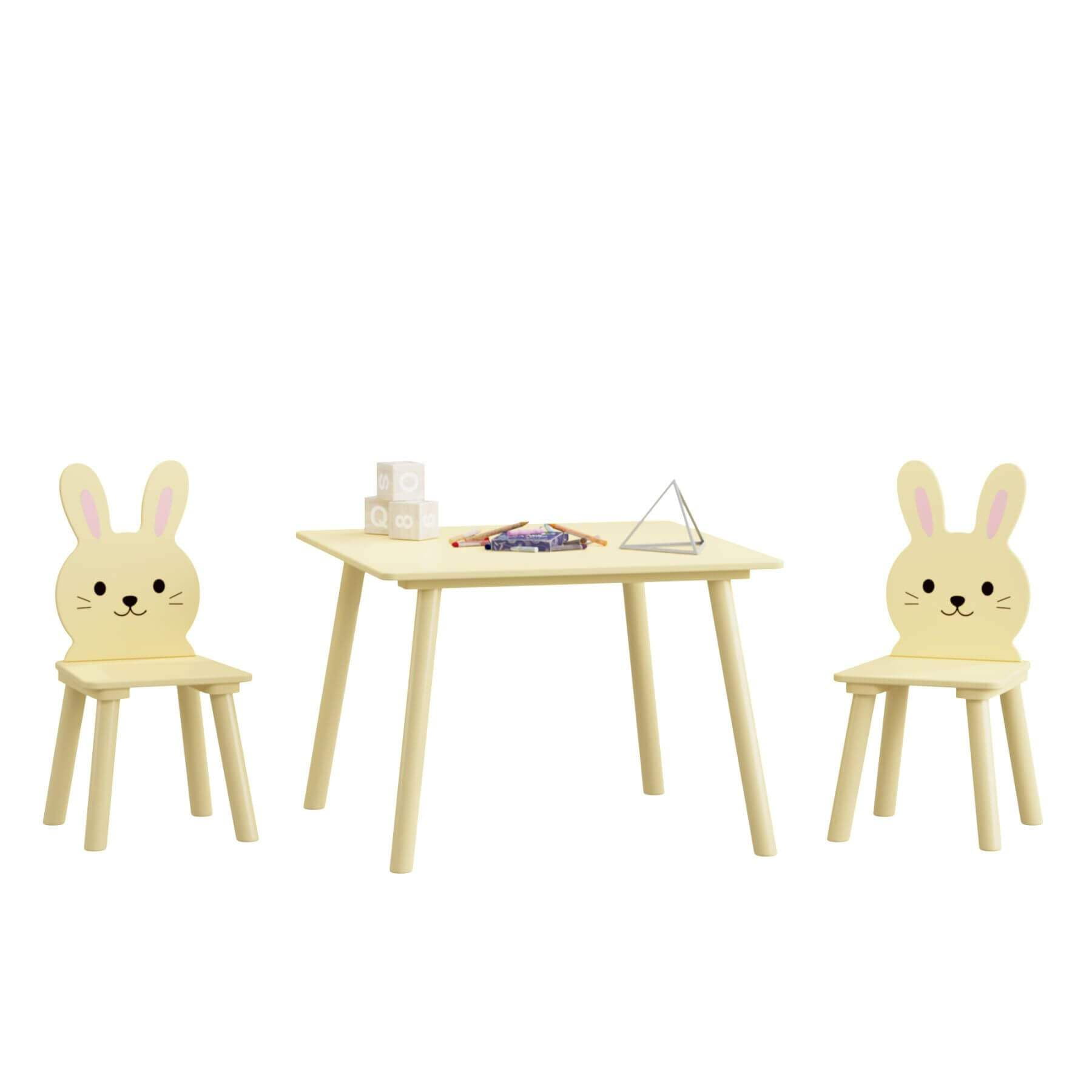 MOONRIVER Kids Table and Chair Set with 2 Bunny Chairs, Cream Yellow