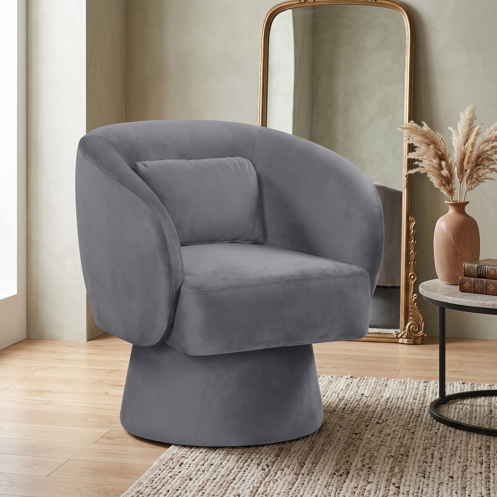 Furnibear Swivel Accent Chair, Upholstered Barrel Chair with Curved Back, 360-Degree Swivel Base and Removable Lumbar Pillow for Living Room Bedroom, 400 lbs, Gray