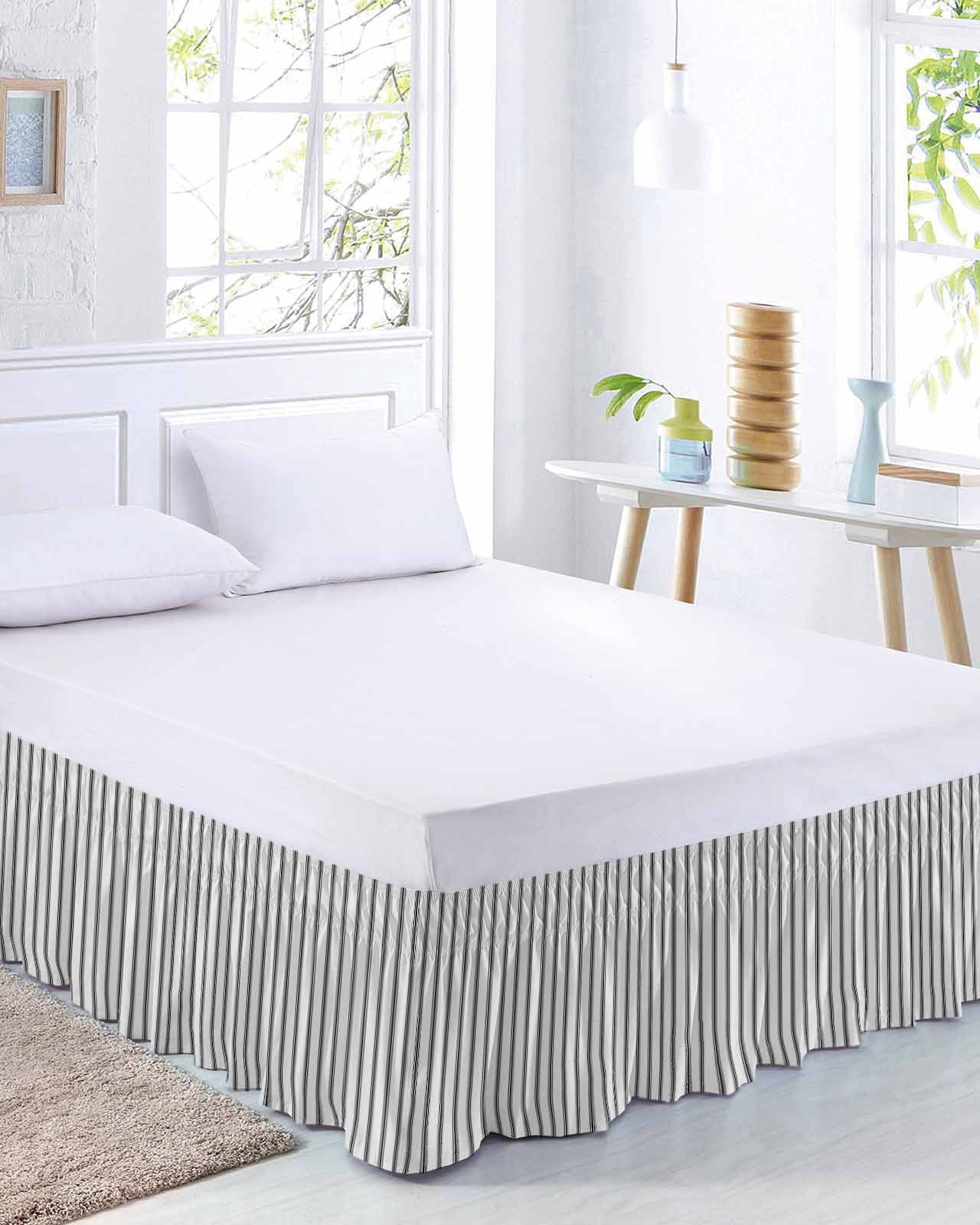Black Striped Bed Skirt King Size, Black White Stripes Farmhouse Wrap Around Bed Skirting with Adjustable Elastic Strap, Dust Ruffle Pleated Bedskirts 16 Inch Drop for Bedroom King Beds
