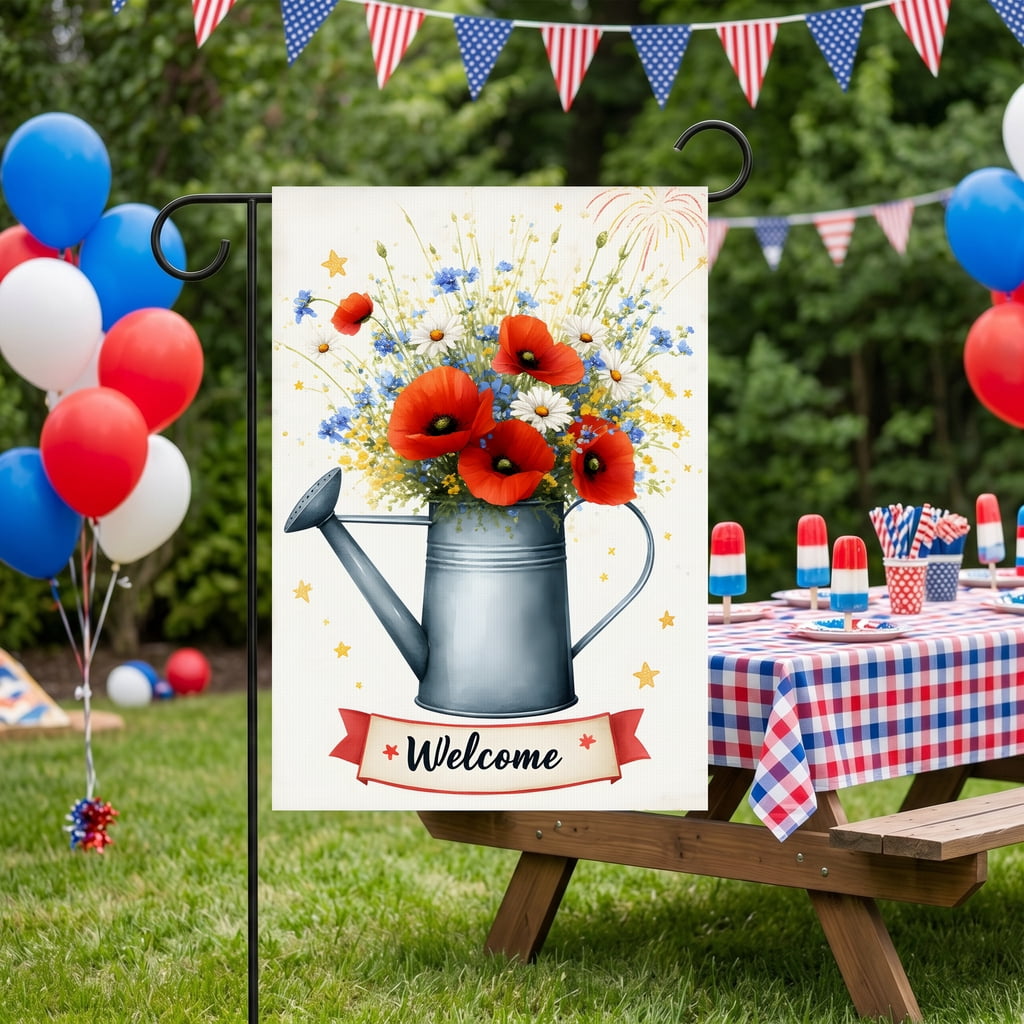 250 anniversary garden flag A watering can filled with red and white flowers. Welcome usa flag decor 28x40 Inch Decorative Size fourth of july decorations outdoor