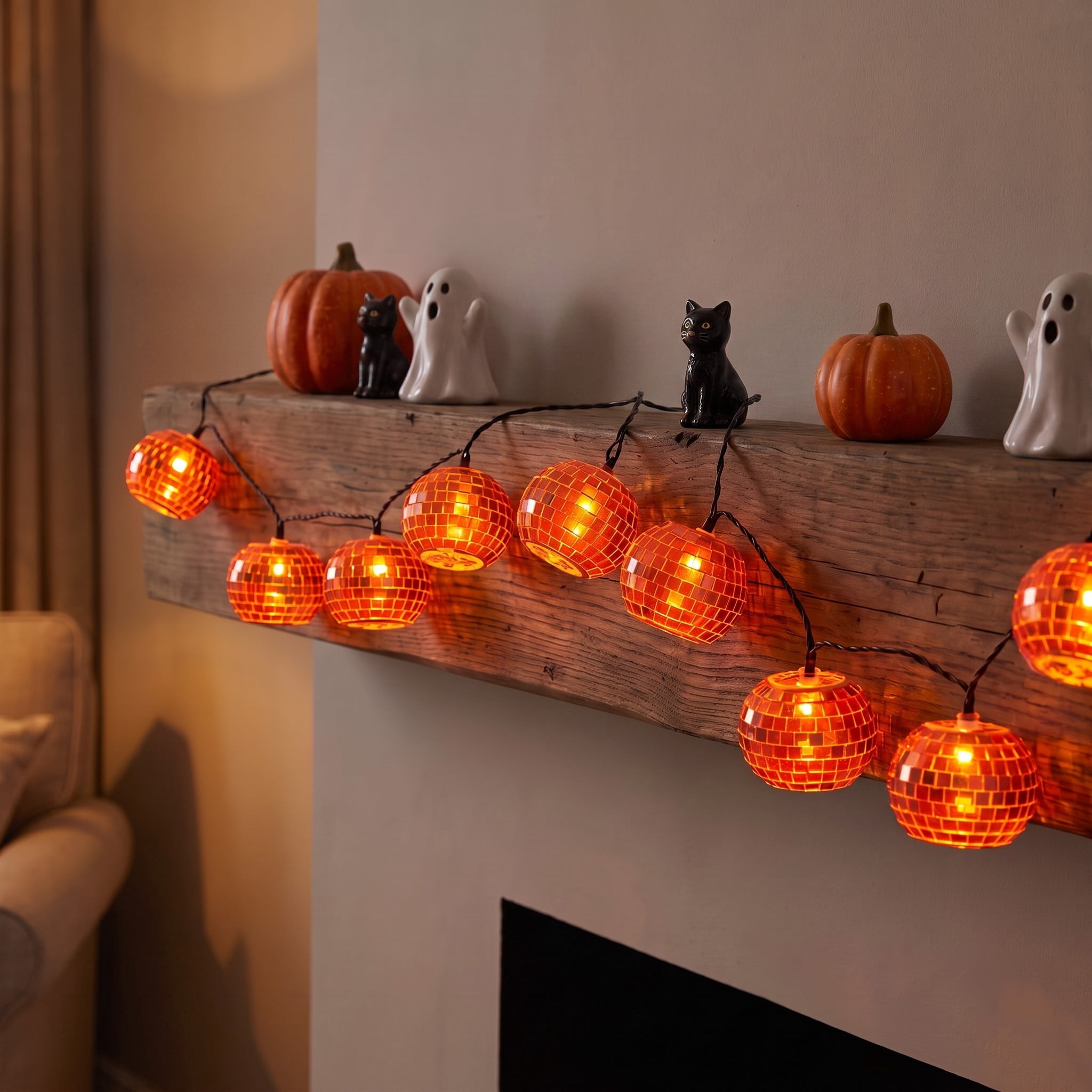 Indoor 10-Count Battery-Operated LED Disco Pumpkin String Lights, Orange, 4.5', Halloween by Way To Celebrate
