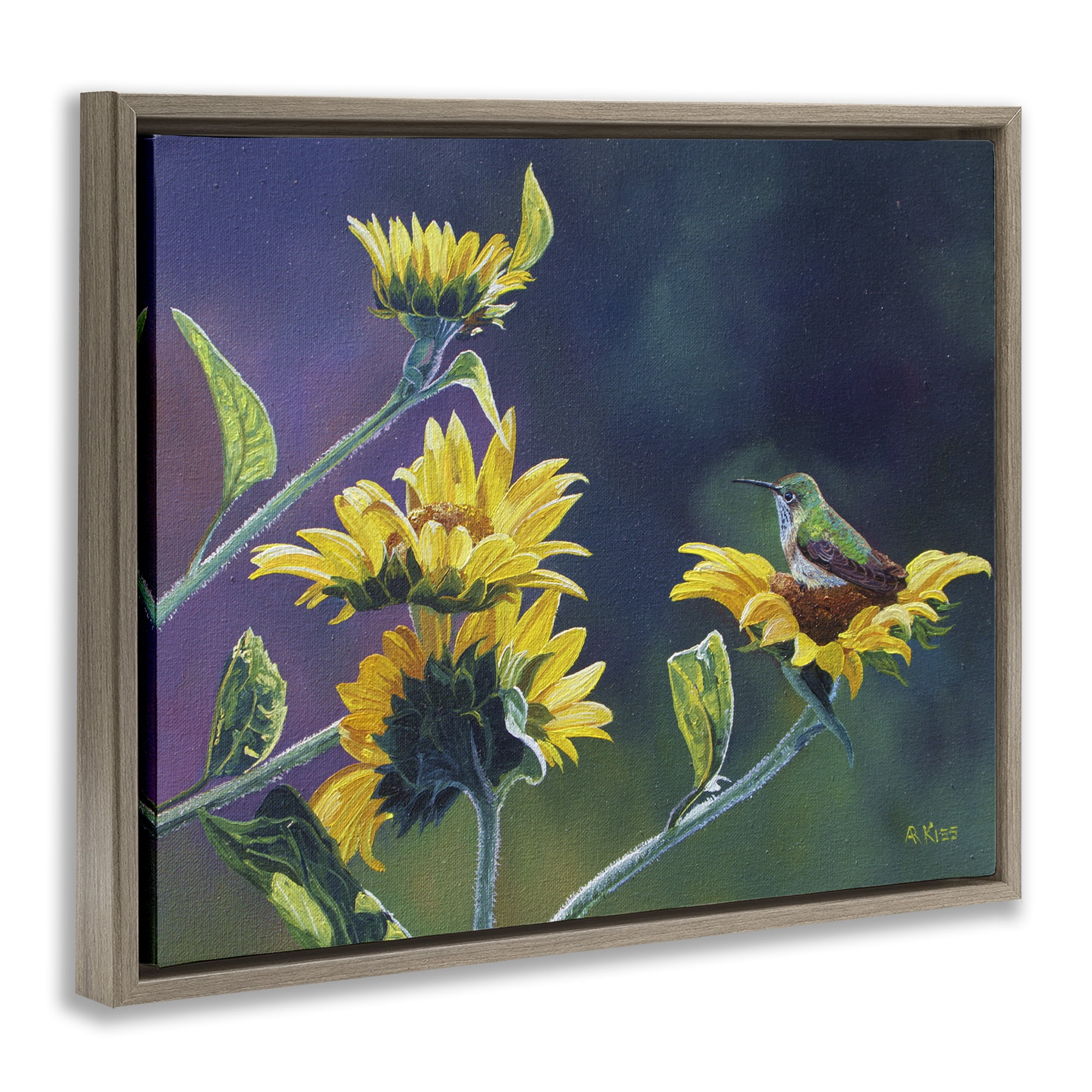 Stupell Industries Resting Birds on Sunflowers Plants & Flowers Painting Brown Floater Framed Canvas Art Print Wall Art, 21 x 17
