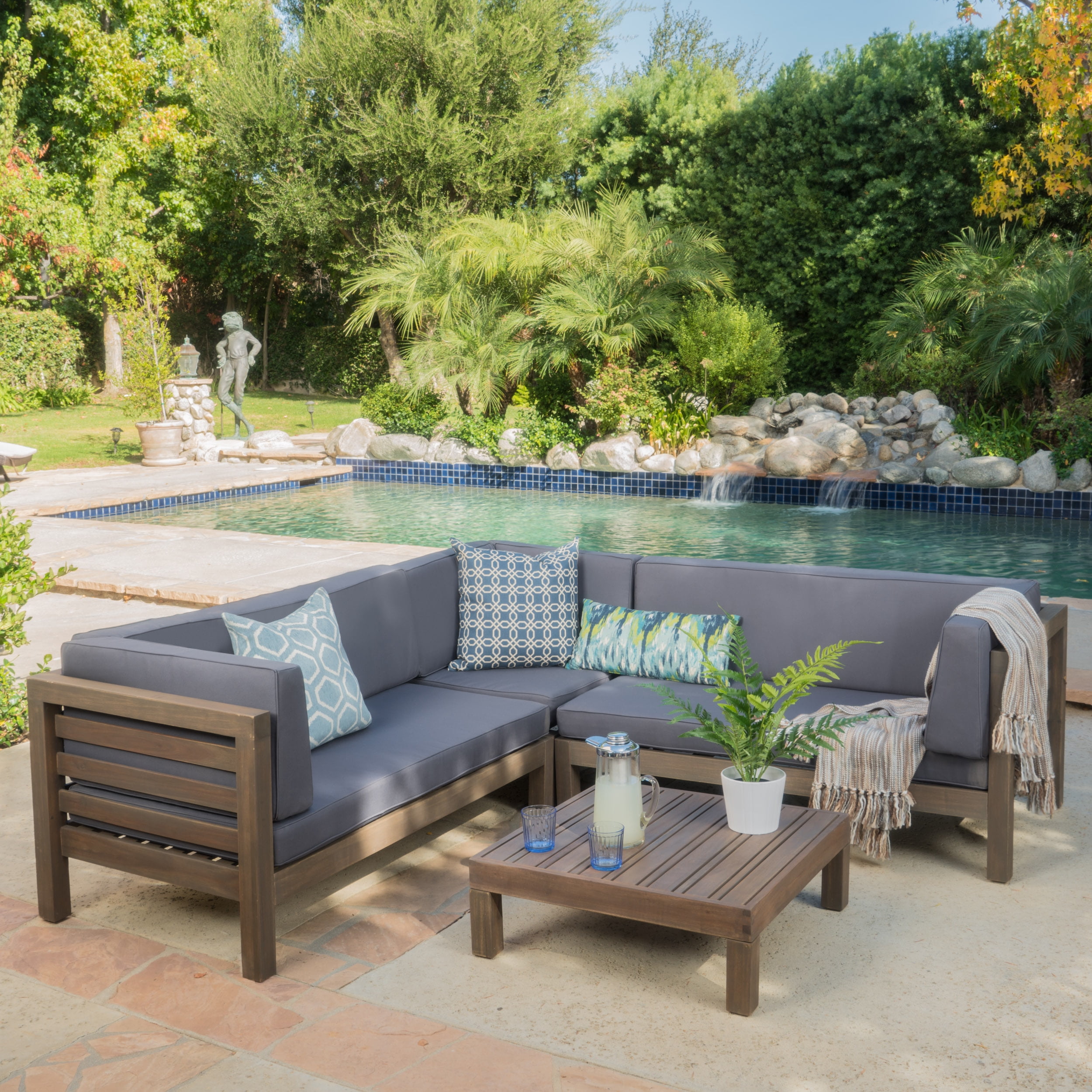 Argentine 4 Piece Outdoor Wooden Sectional Set With Cushions Grey