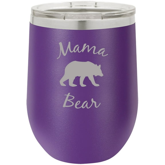 Mama Bear Stainless Steel Engraved Insulated 12 oz Double-Walled Wine Tumbler with Clear Plastic Lid, Purple