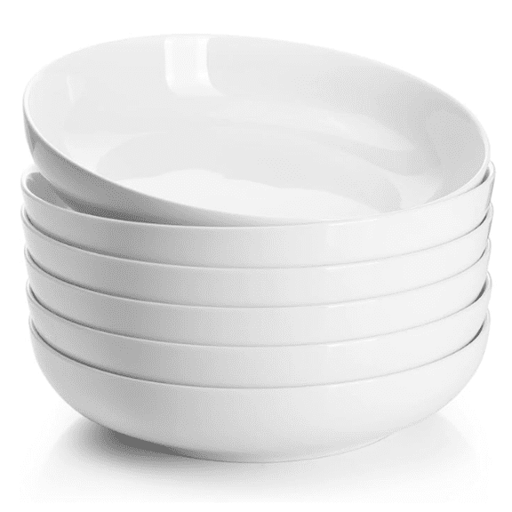 22oz Porcelain Pasta Bowls Set of 6-7.6 Inch White Salad Serving Plates, Microwave Dishwasher Safe Dinnerware