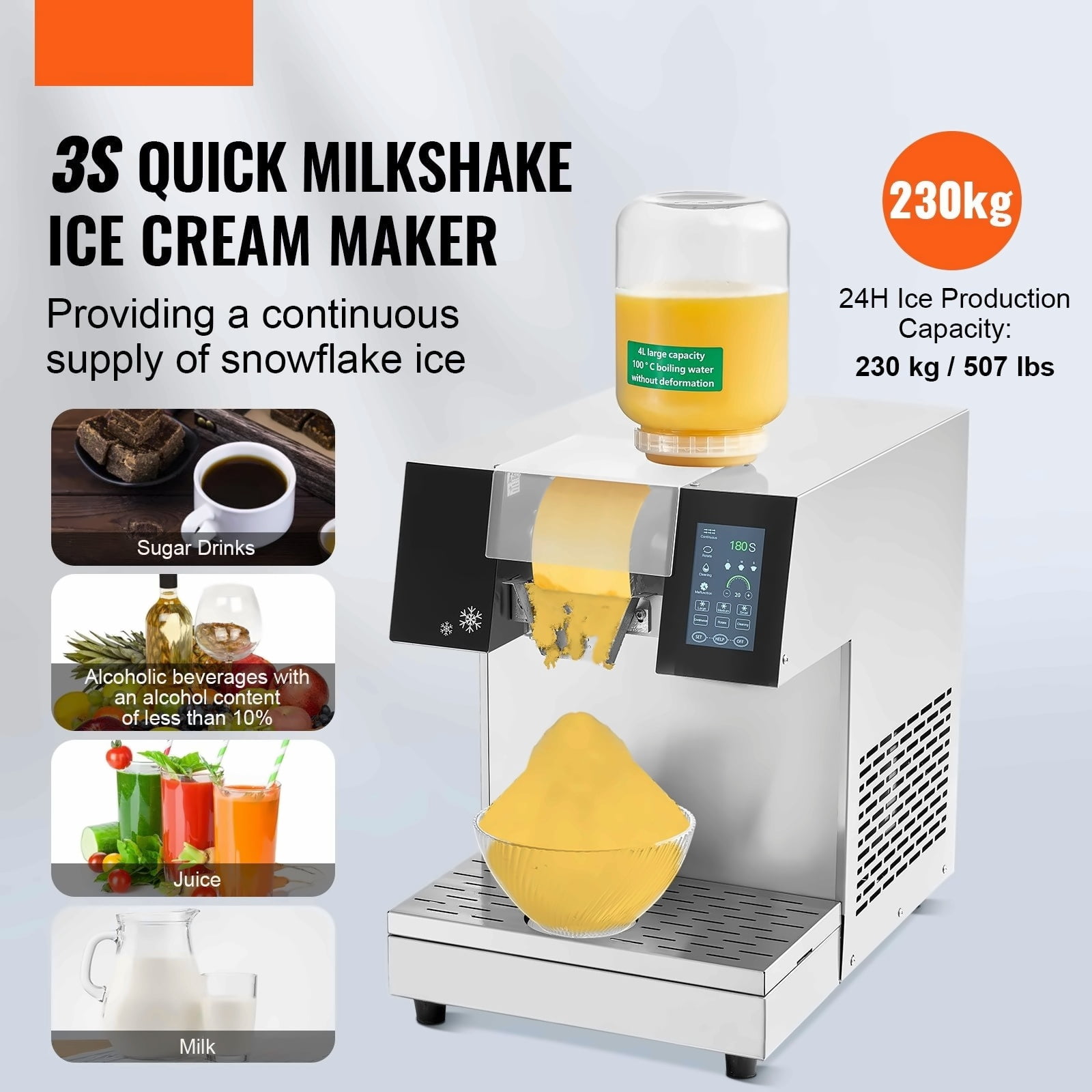 Commercial Ice Machine 507LBS/24H Stainless Steel Snowflake Ice Maker for Ice Cream & Drinks, Air-Cooled, 700W, Fast Cooling, Two 4L Baskets