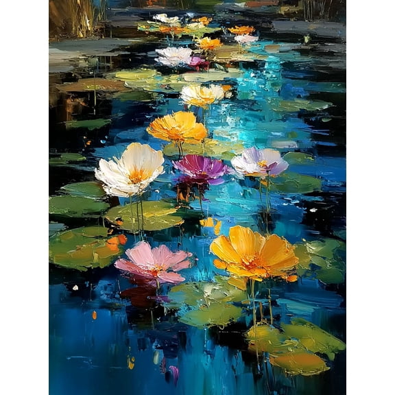 Impressionist Abstract Floral Pond Canvas Painting, Minimalist Flower Art for Living Room Bedroom