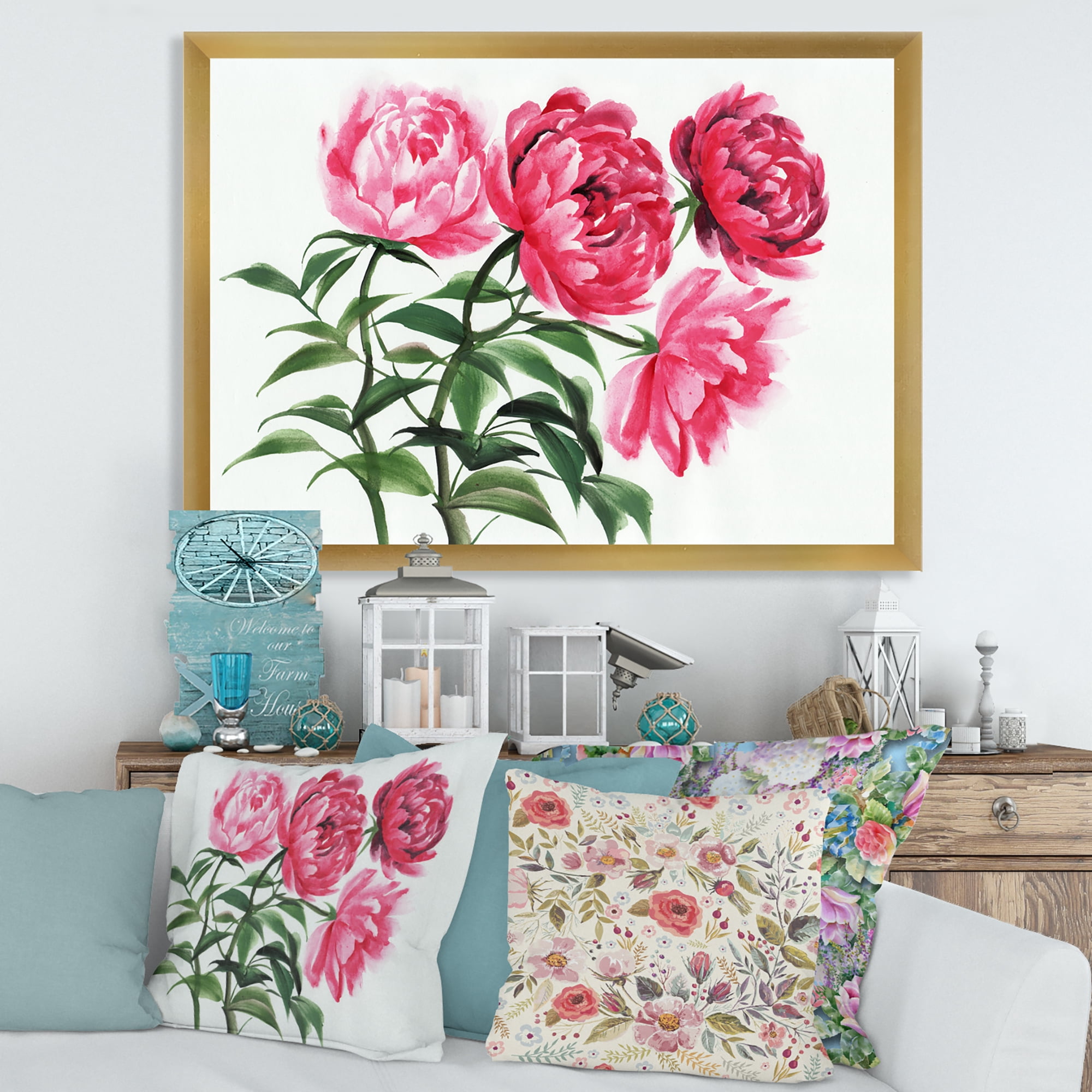 Designart 'Abstract Four Vintage Pink Peonies' Traditional Framed Art Print