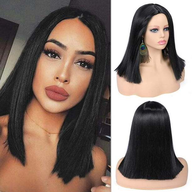 Peluca rápida Pelucas cortas y rectas de Bob Peluca corta negra Pelucas sintéticas de parte media Longitud de los hombros Pelucas de fiesta de cosplay diarias para mujeres 14 pulgadas