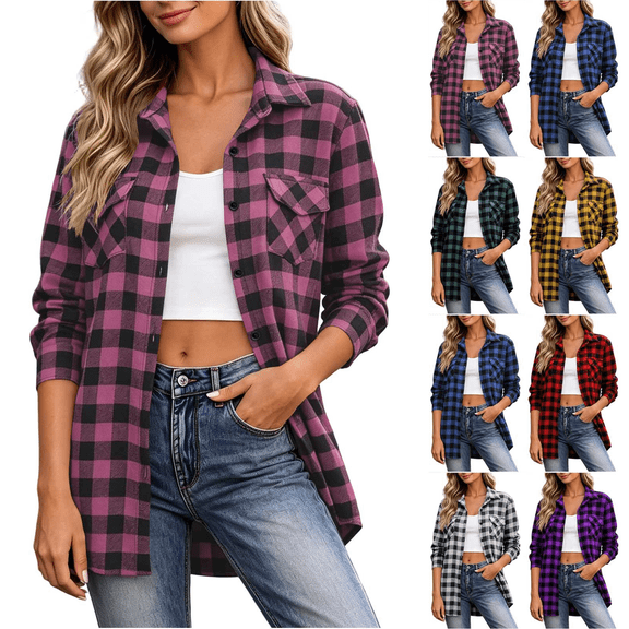 Zeijnsda Womens Plaid Shirts Women's Lapel Button Checkered Jackets Fashion Comfy And Casual Loose Long Sleeved Pockets Blouse