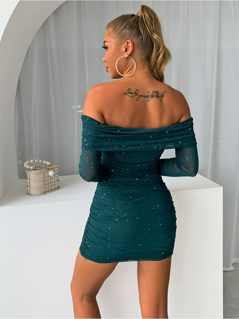 Glitter Mesh Off-Shoulder Ruched Mini Dress - Walmart.com