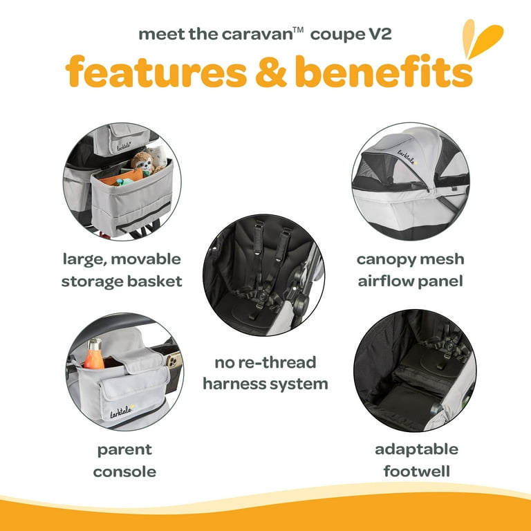 Larktale Caravan Coupe V2 Stroller, Reclining 2-Seat Wagon, Gray