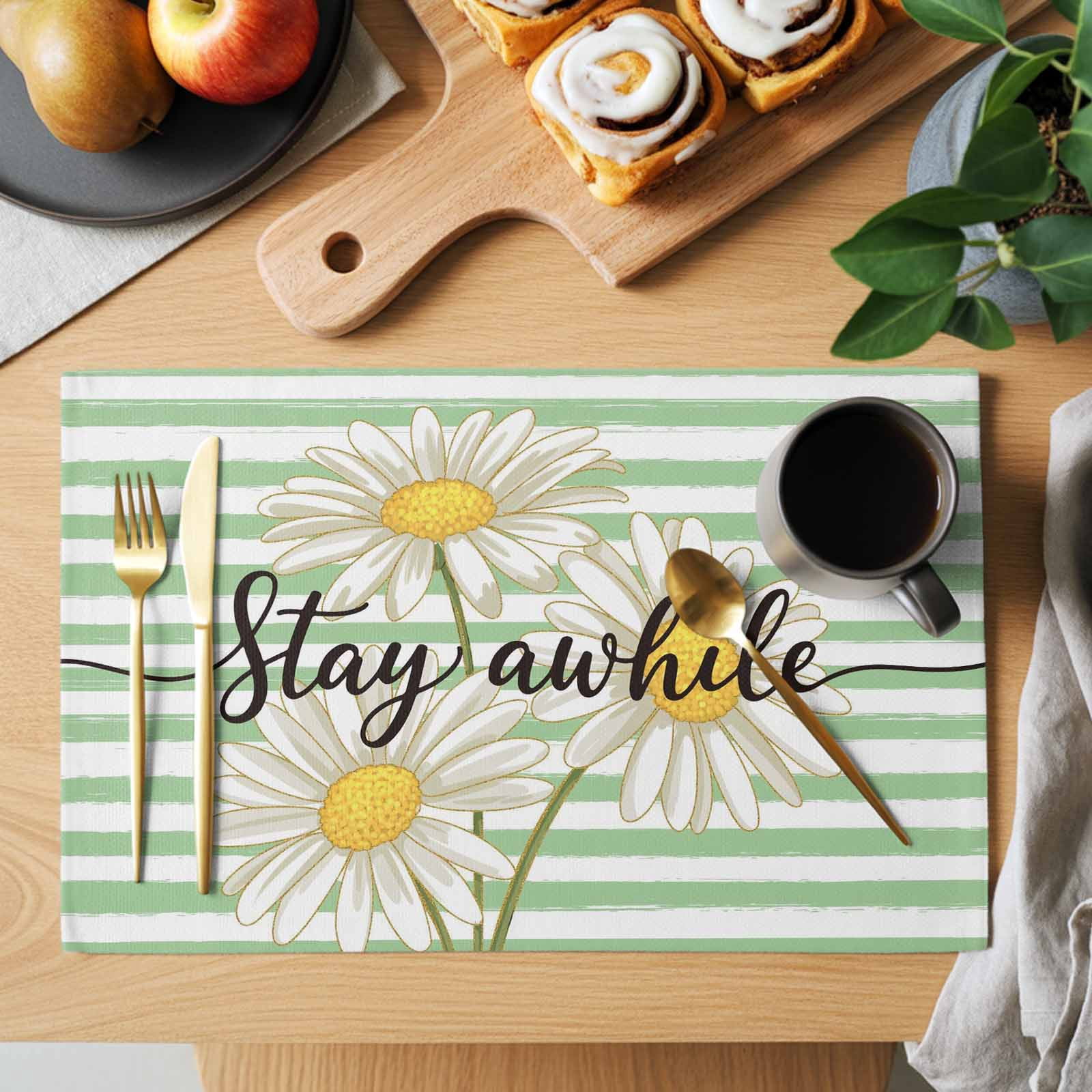 Daisy Flower Placemats Set of 4, Watercolor Farmhouse Country Floral Stripe Placemats for Dining Table, Place Mats for Kitchen Tabletop, Waterproof Wipeable Dining Table Mats Set