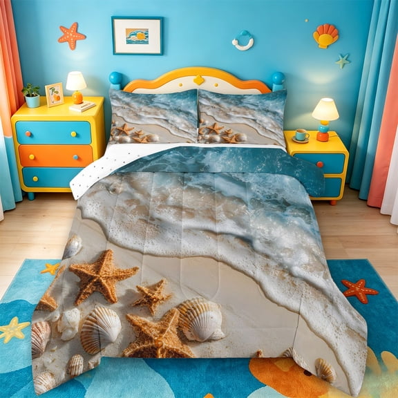 jejeloiu Serene Coastal Scene Full Size Comforter Sets For Girls,Starfish Shell Shore Bedding Comforter Set,Blue Beige,Reversible,3 Pieces,1 Comforter and 2 Pillowcases