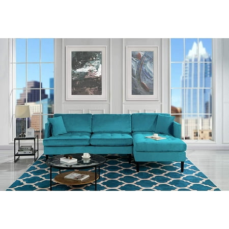 Mid Century Modern Tufted Velvet Sectional Sofa L Shape Couch Blue