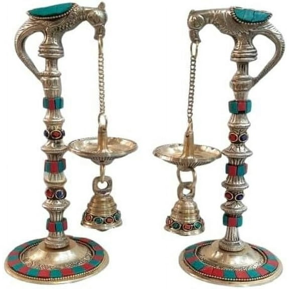 brass with stone work parrot diya set of 2 pieces for home décor/ office / gift item