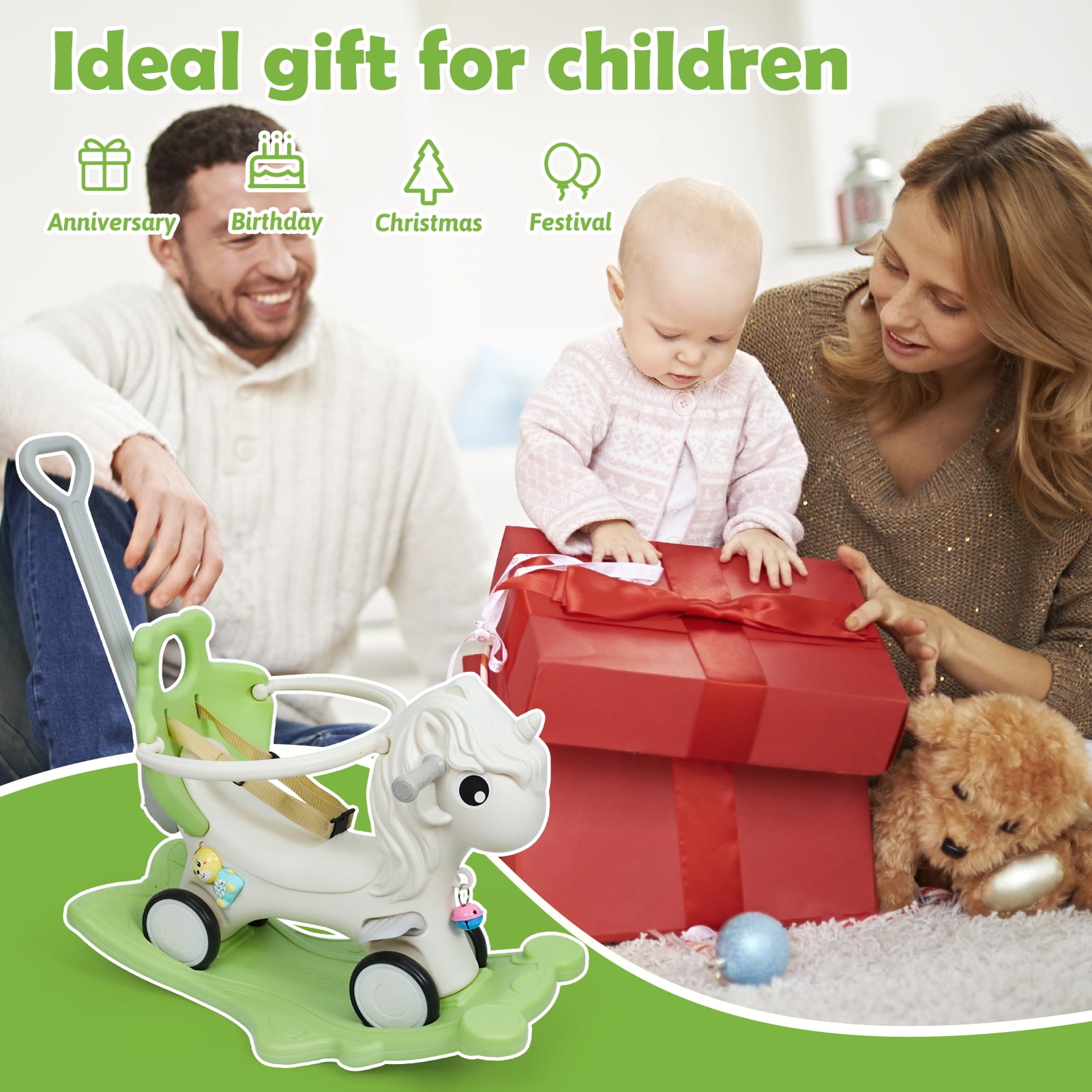 Wdmiya 4 in 1 Rocking Horse for Toddlers 1-3 Years Old, Baby Unicorn Rocking Toy Birthday Gift for Boy and Girl, Ride on Toy with Detachable Balance Board，Balance Bike with Push Handle, Green