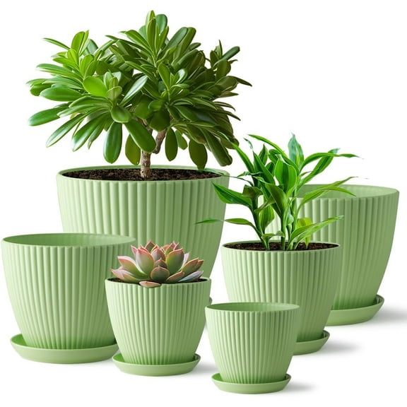IBEEDOW 6 Pack Plant Pots, Flower Pots with Drainage Holes and Trays, 7.5, 6.7, 6, 5.1, 4.3, 3.5 Inches, Plastic Pots for Indoor and Outdoor Plants