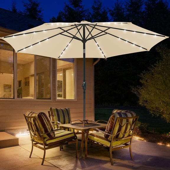 Autlaycil 10 FT Patio Umbrella with Steel Tilt and Crank, Includes 32 Solar LED Lights, Khaki