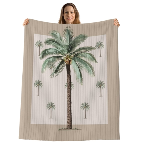 Palm Trees Throw Blanket, Flannel Fleece Blanket with Striped Design for Couch, Brown Tropical Plants Summer Green Soft Breathable All Season Plush Blankets for Sofa Office Bed 50"x60"