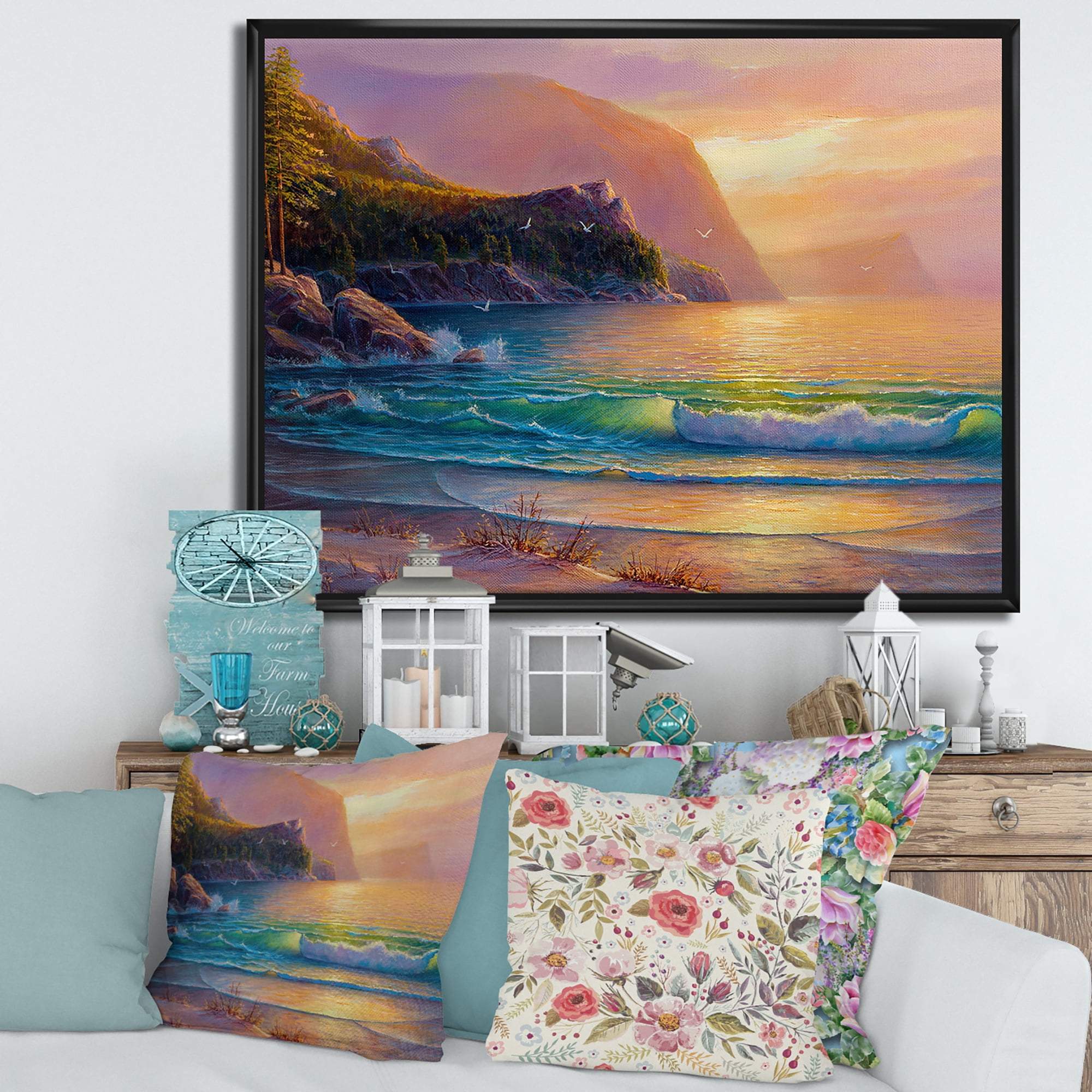 Designart 'Romantic Beach During Warm Evening' Nautical & Coastal Framed Canvas Wall Art Print
