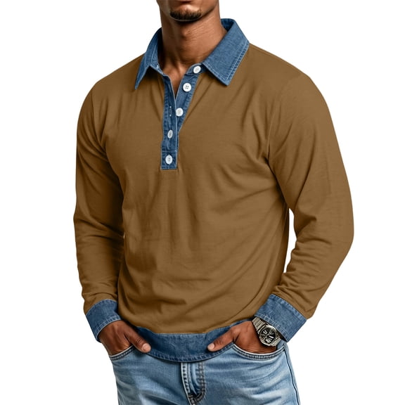 Mens Long Sleeve Polo Shirts Lapel Collar Button Pullover Color Block Denim Patchwork Lightweight Trendy Daily Casual Shirt Khaki XXL