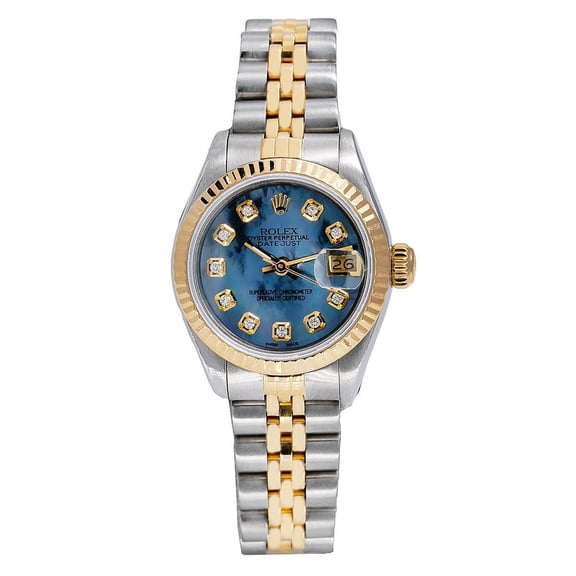 Pre-Owned Rolex Datejust 26MM 6917 Blue Mother of Pearl Diamond Dial Fluted Bezel Two Tone Yellow Gold Jubilee Bracelet
