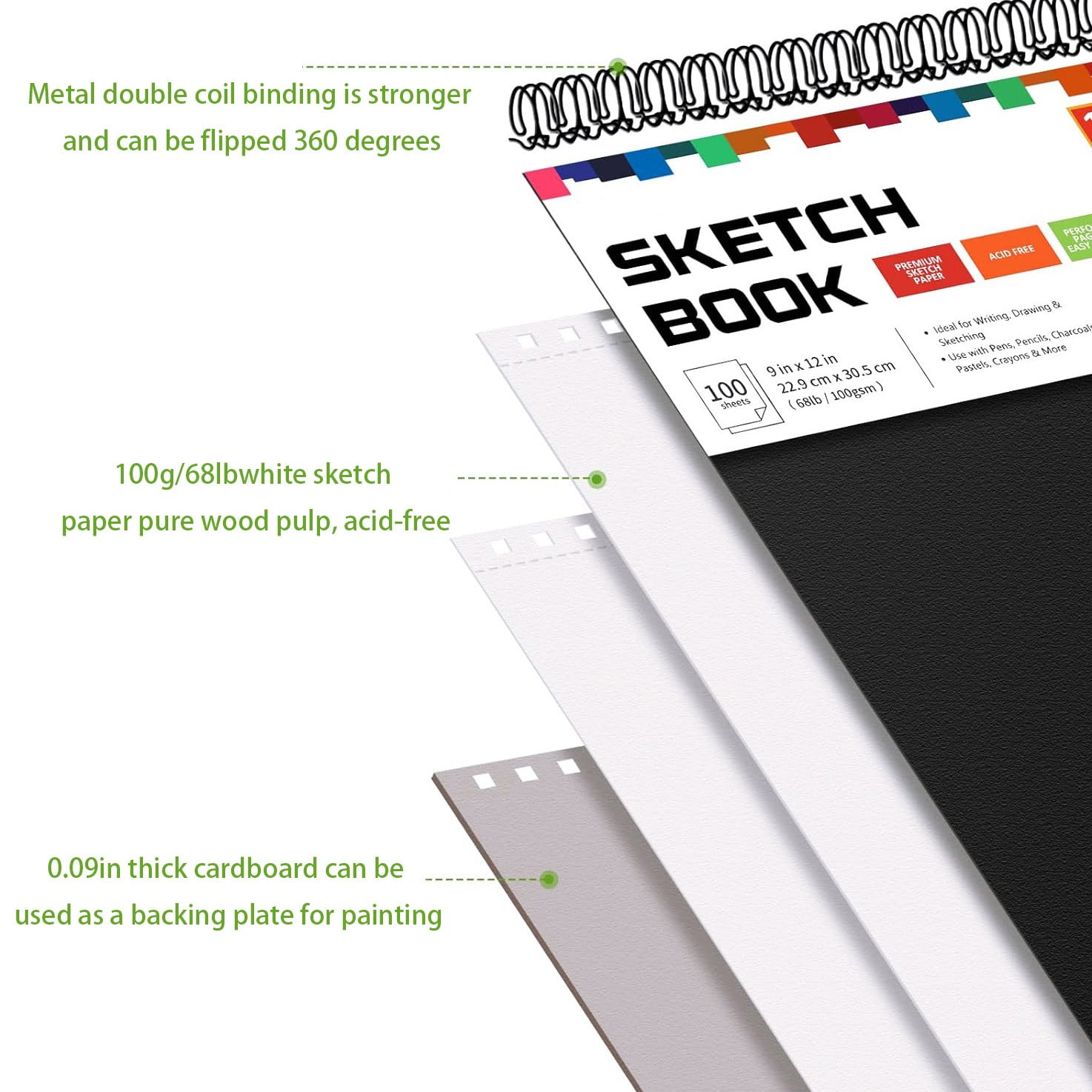 9" X 12" Sketch Book,Blank Drawing Books,Top Spiral Bound Sketch Pad & 0.09" Thick Cardboard Under,100 Sheets 68lb/100gsm Acid-Free White Sketch Paper For Artists Beginners & Enthusiast(Black)