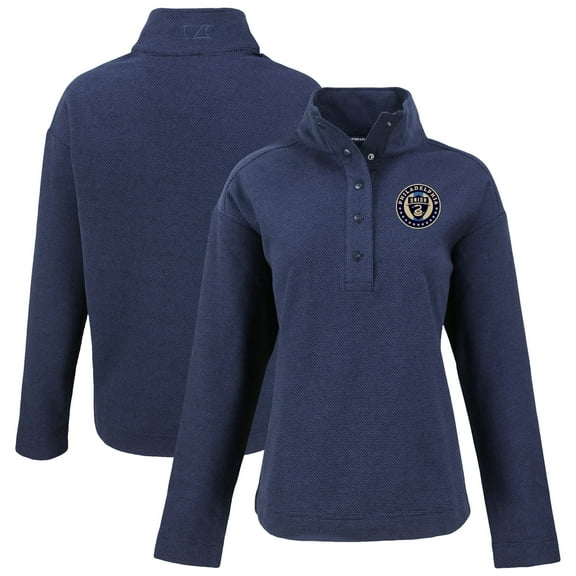 Women's-Cutter & Buck  Navy Philadelphia Union Hunts Point Eco Textured Fleece Recycled Quarter-Snap Pullover Top