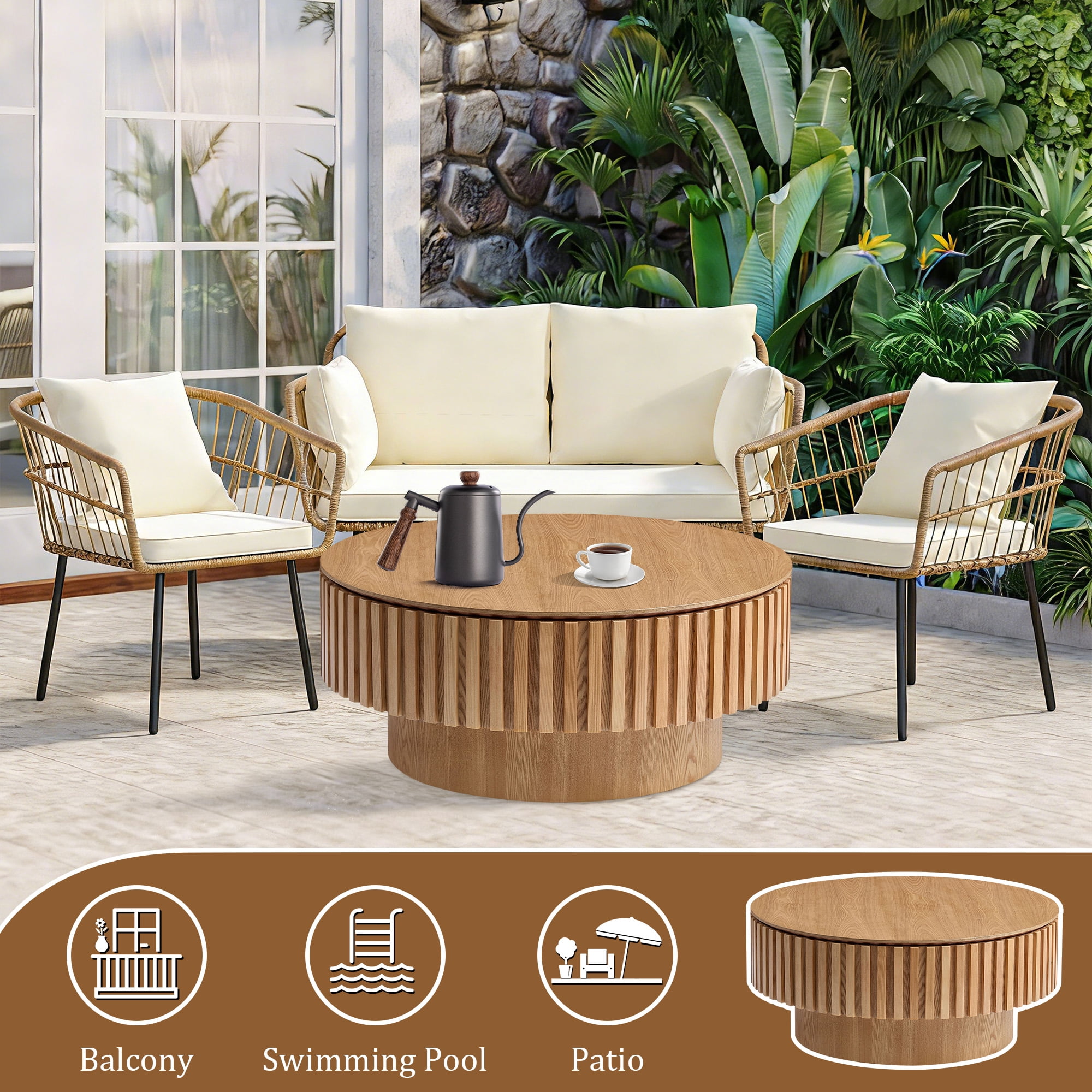 FFH 31.5" Round Coffee Table with Storage, Small Wood Coffee Table with Sturdy Pedestal for Living Room, Apartment, Ash