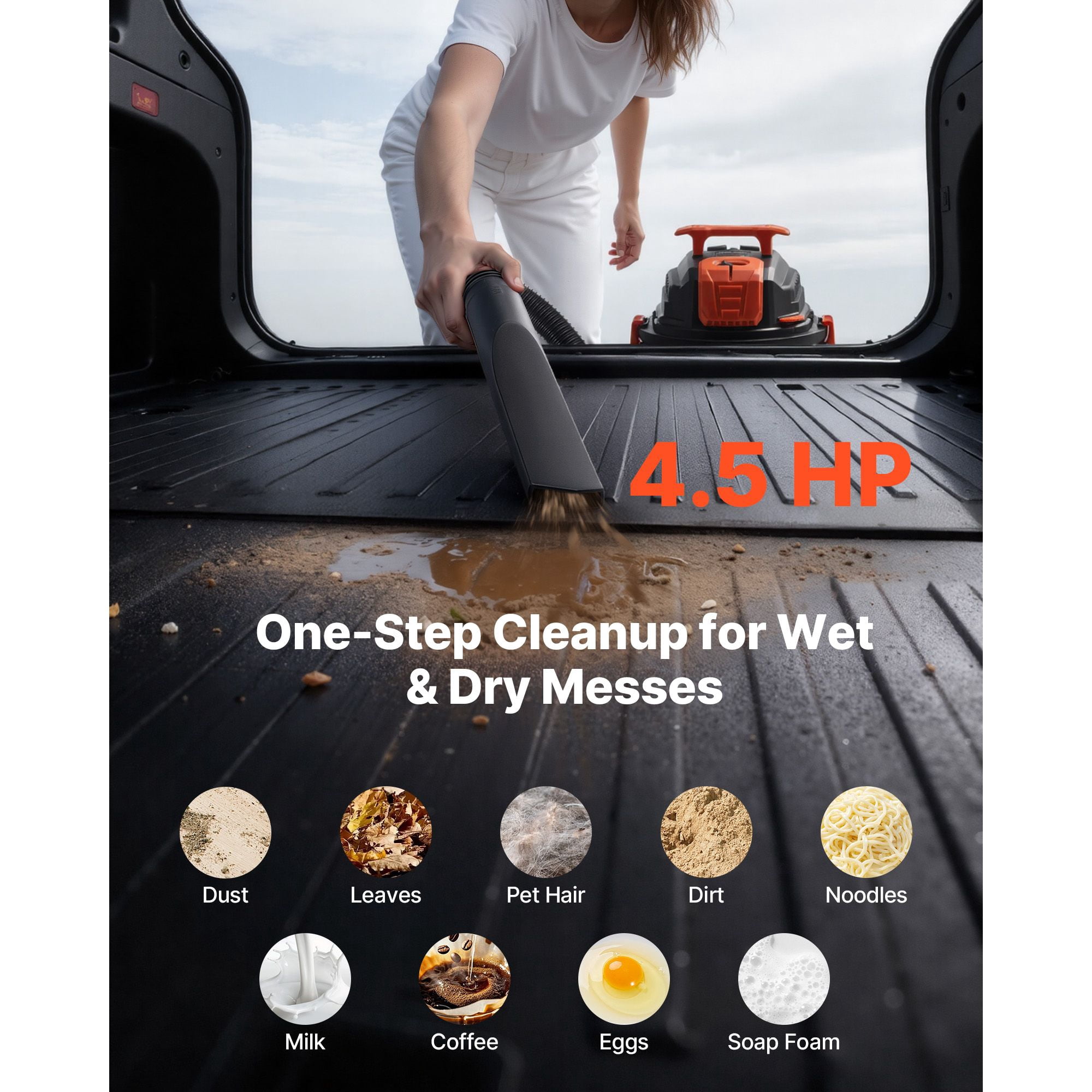 8 Gallon Wet Dry Shop Vacuum, 4.5 Peak horsepower convenient with One-Button Self-Cleaning, Dual-Filter, 7ft Hose & 9.8ft Cord for Garage Workshop Home