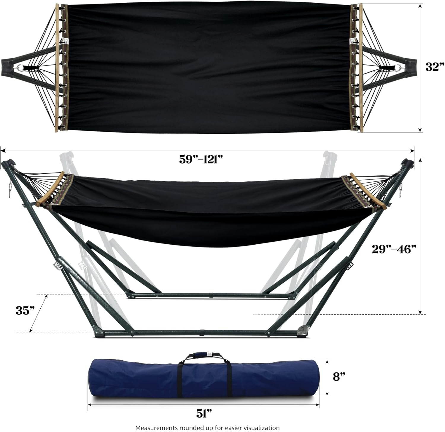 Tranquillo Ultimate Relaxation Portable&Foldable Hammock Stand, Hammock Net Canvas with Spreader Bar, Quick Fold Unfold in 30 Seconds Steel Frame Hammock 600 lbs Capacity, Green Frame/Black