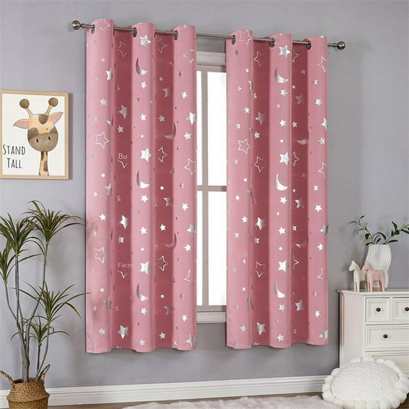 Full Black Grommet Blackout Curtain Panels Moon Stars Printed Window Curtains Thermal Insulated Drapes for Kids Boy Girls Bedroom Nursery Living Room Decor,1 Panel,  Pink 52"*84"