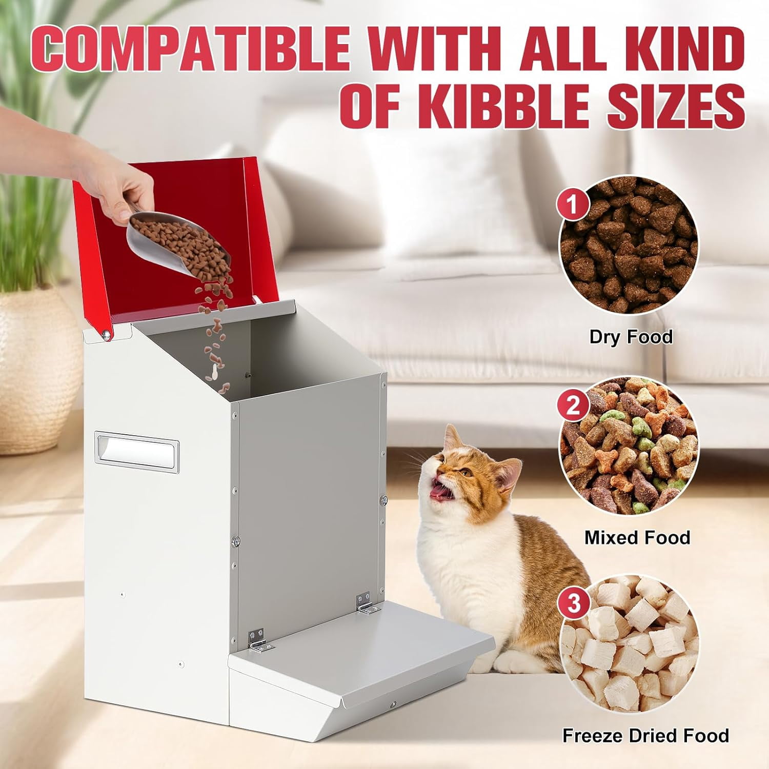 Automatic Cat Feeder 2 Cats,50cups/12L Automatic Pet Feeders Large Capacity Outdoor Galvanized Steel Multiple Cats Feeder Gravity Dog Dry Food Dispenser with Lid