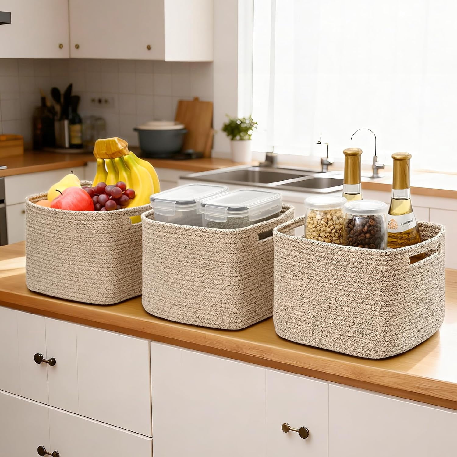 Natubeau 3 Pack Woven Storage Basket, 9"x9"x7" Cotton Rope Woven Baskets for Organizing, Cube Storage Bins for Shelves, Jute Color