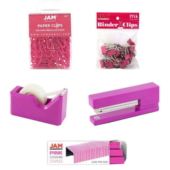JAM Office Starter Kit, Pink, 5/Pack, Stapler, Tape Dispenser, Staples, Paper Clips & Binder Clips