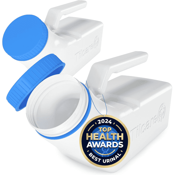 Urinals for Men Glow in The Dark Lid by Tilcare (2 Pack) - 32oz/1000mL Thick Plastic Mens Bedpan Bottle with Screw-on Lid - Spill Proof Urinary Chamber - Male Portable Travel Pee Bottles