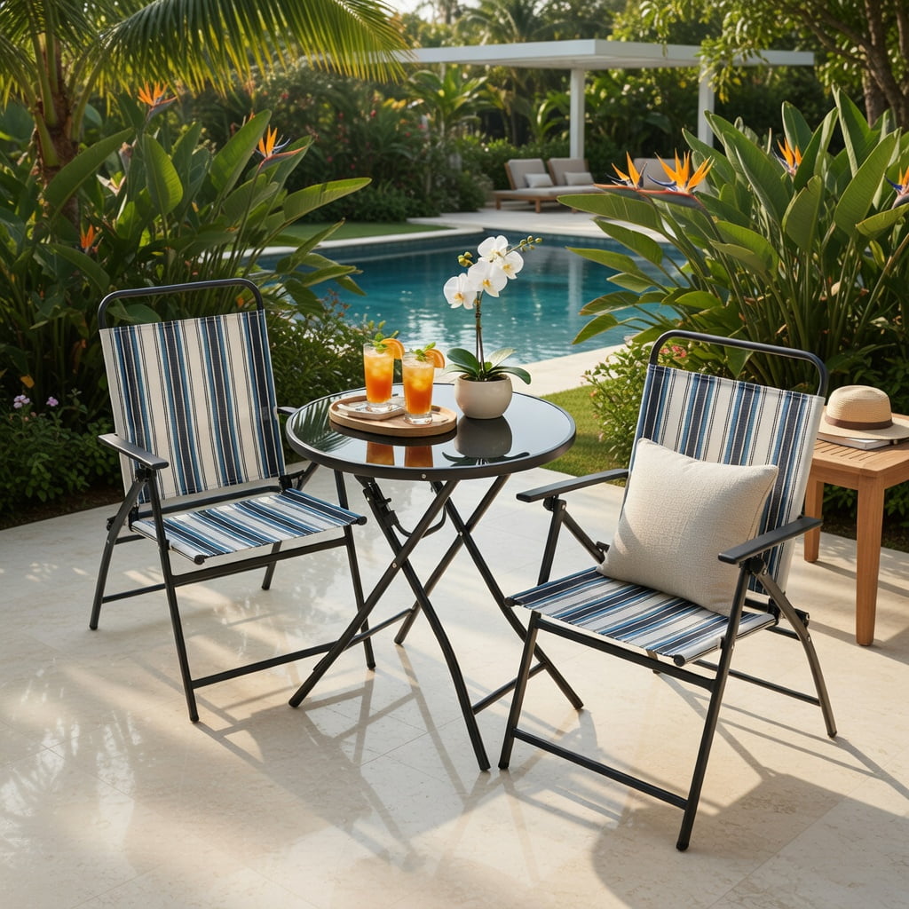 Hommoo 3-Piece Portable Outdoor Folding Chair & Round Table Set, Metal Frame, Breathable Fabric Seats, Easy-Fold for Backyard, Poolside & Balcony, Blue