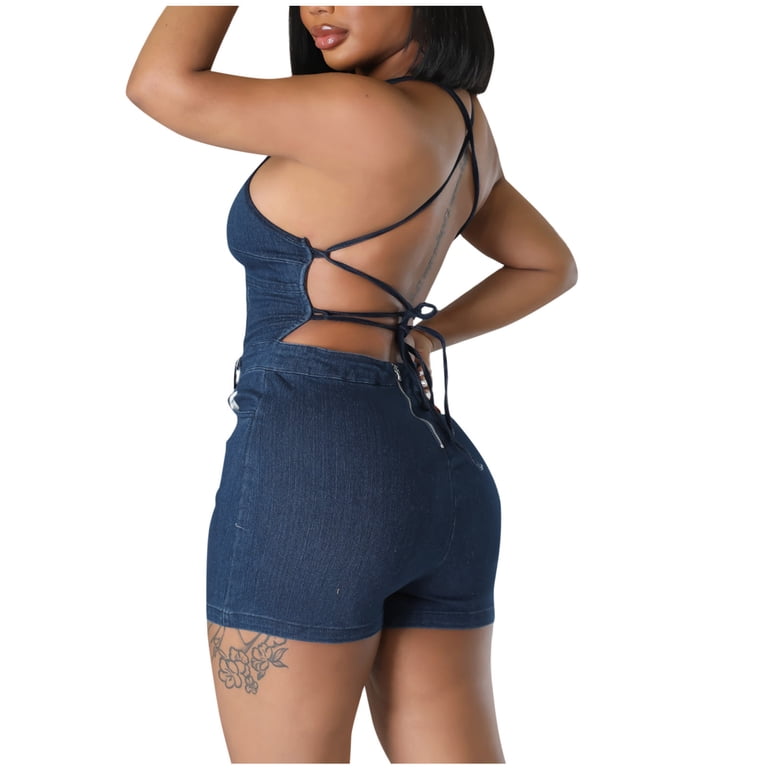 Yeshire Women's Backless Romper – Spaghetti Strap Sleeveless Short Jumpsuit, Royal Blue, Medium