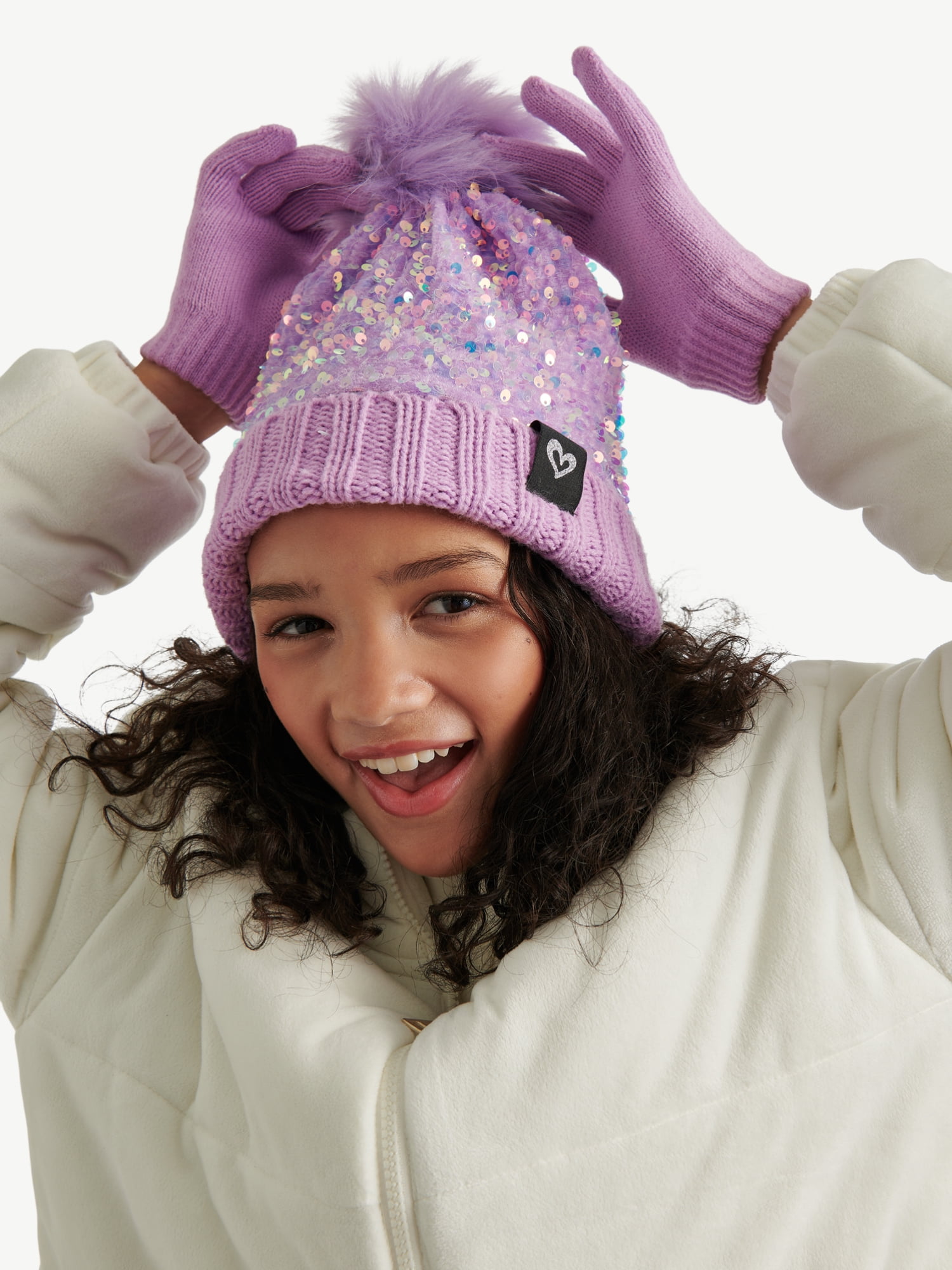 Justice Girls Velvet Sequin Hat and Glove Set, Purple