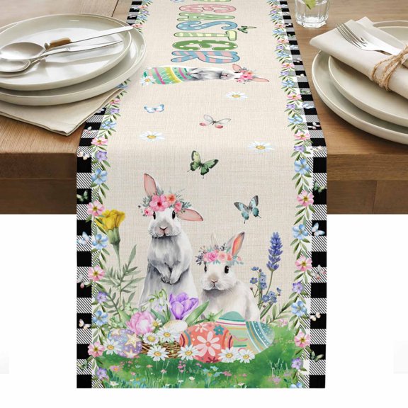 Easter Table Runner - 48 Inch Long, Kitchen Dining Table Runner Dresser Scarves, Country Rabbits Eggs Floral Leaves Butterfly Plaid Farmhouse Decor for Coffee Tables Wedding Party Banquet