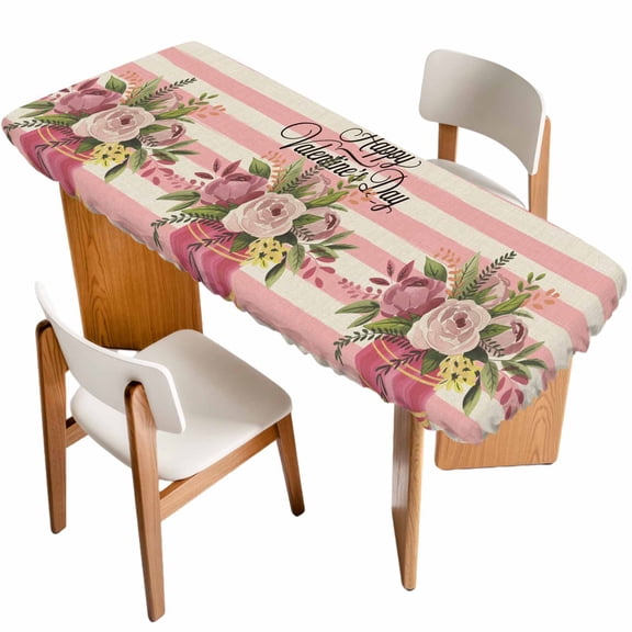 Valentine's Day Table Cloths for 8 Foot Rectangle Tables, Pink Roses Flowers Stripes Rustic Beige Patio Waterproof Elastic Fitted Tablecloths, Washable Rectangular Table Cover for Camping
