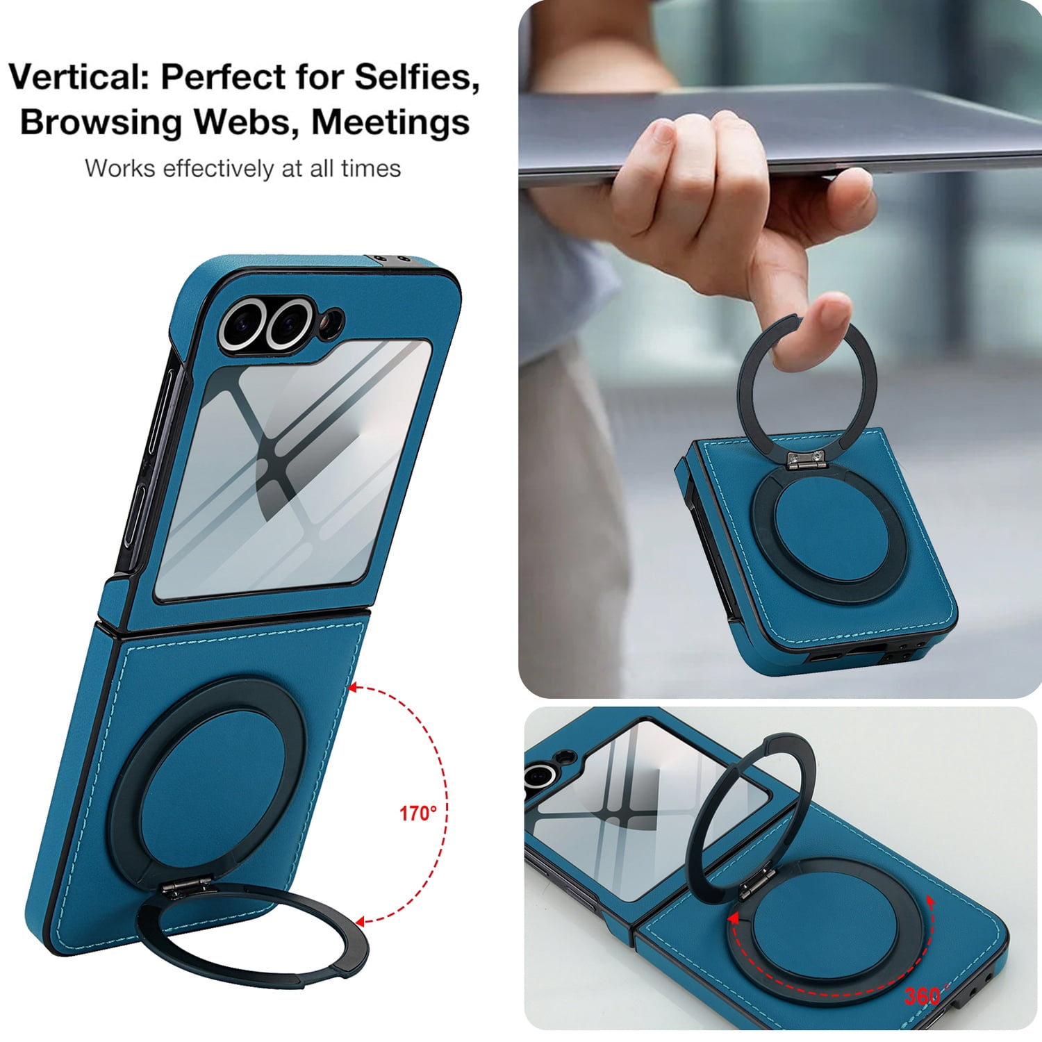 Compatible with Samsung Galaxy Z Flip 7 Phone Case,Built-in Screen Protector,360° Rotatable Ring Kickstand,Compatible with Mag-Safe,Anti-Scratch Leather Shockproof Rugged Phone Case,Blue