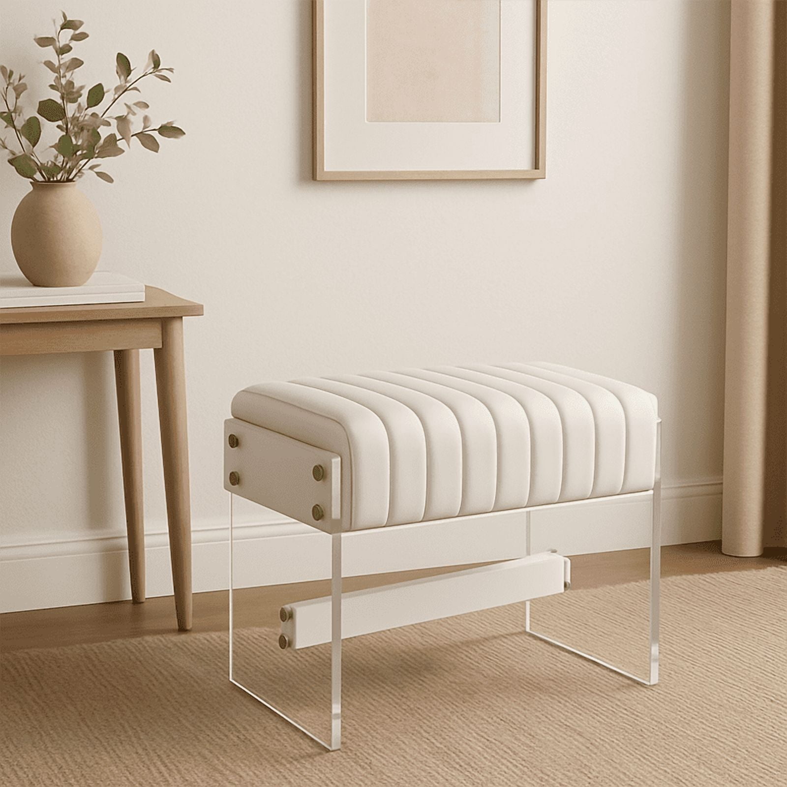 Modern Minimalist Dressing Stool, Decorated With White Pu Leather Surface, High-Density Sponge And Transparent Acrylic Legs, Suitable For Bedrooms, Entrances, And Living Rooms