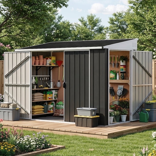DEXTRUS 7x4 Pi Extérieur en Métal Shed avec 3 Portes Verrouillables, Évent et Toit en Pente, Rangement de Jardin et Mobilier de Patio Résistants aux Intempéries, Gris
