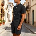 thumbnail image 5 of LTTVQM Mens Daily Wear Solid Cotton Linen Stand Collar Button Tee Elastic Drawstring Shorts Summer Walking Holiday Two Piece Tracksuit Black XL, 5 of 6