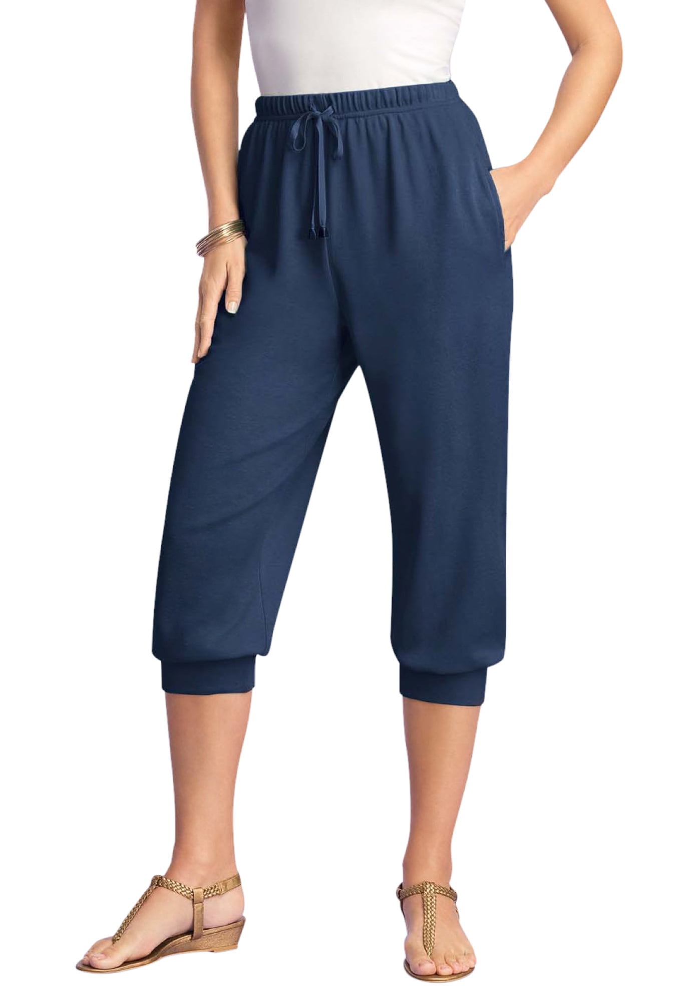 Roaman's Women's Plus Size Drawstring Soft Knit Capri Pant - Walmart.com