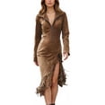 thumbnail image 7 of Women's Dress Long Sleeve Solid Color Western Suede Fringe Slim Fit Boho Chic Midi Dress for Spring Fall Casual,Brown,L, 7 of 7