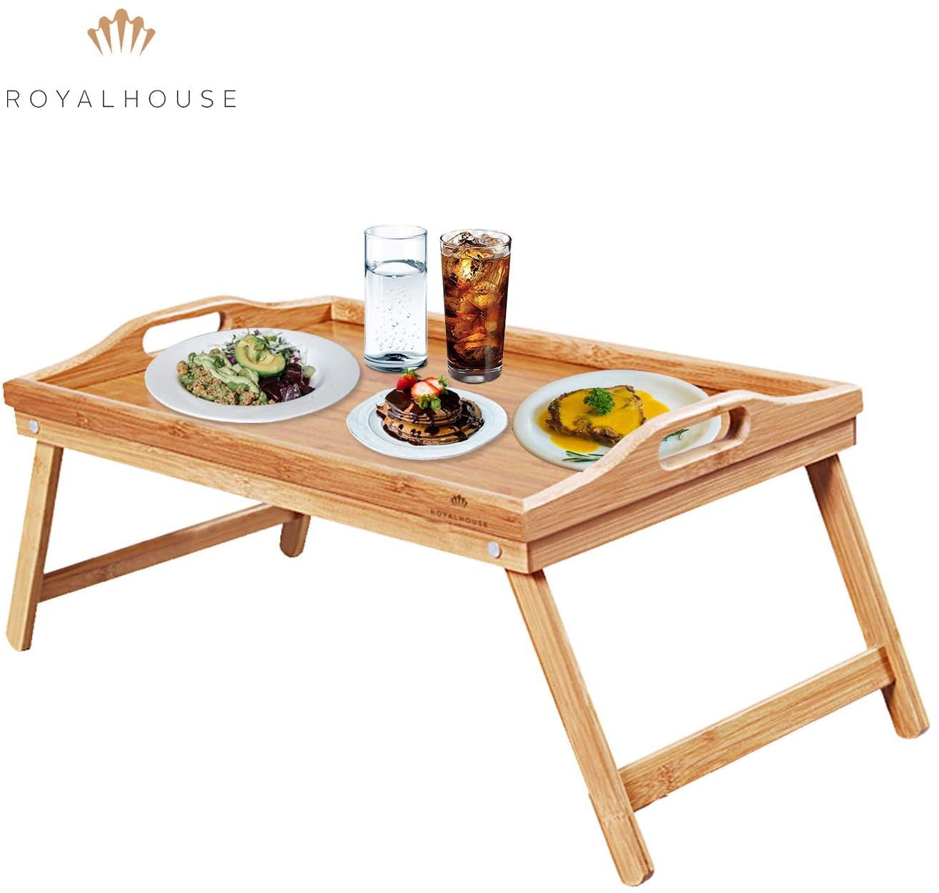 3Pcs/Set Wood Bamboo Breakfast Serving Bed Tray With Handle Set Lap US 