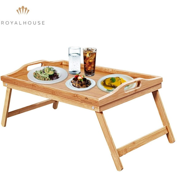Royal House Premium Bamboo Bed Tray, Breakfast Tray with Folding Legs, Portable Lap Tray